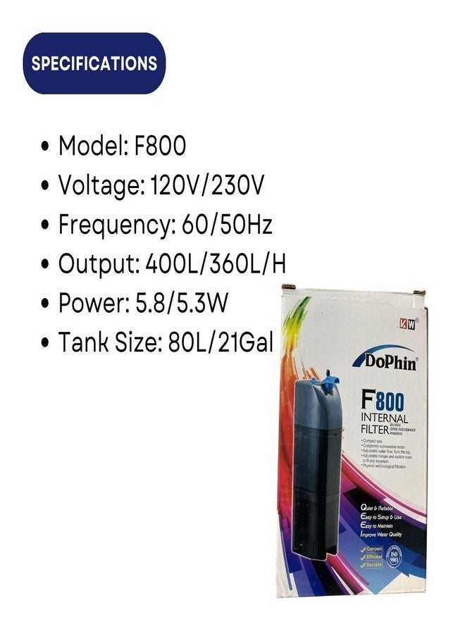 TUNAI Dophin F800 Internal Filter for Aquarium Fish Tank | Completely Submersible Motor | Output: 400/360 L/H | Suitable for Fish Tank Size 80L - Image 3